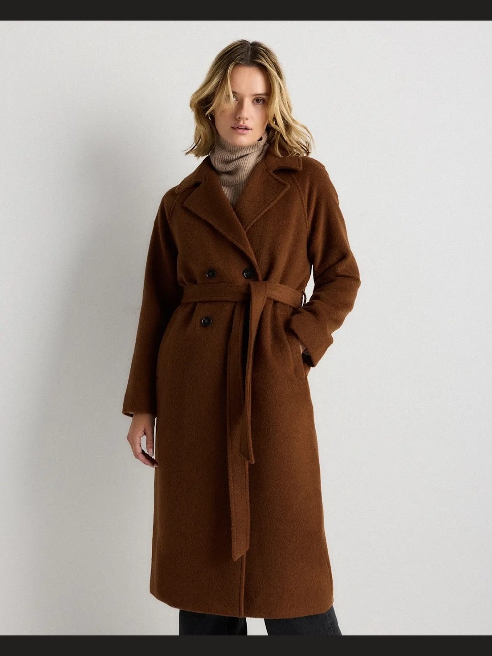 Quince Camel Hair Double-Breasted Long Wrap Coat Brown Small